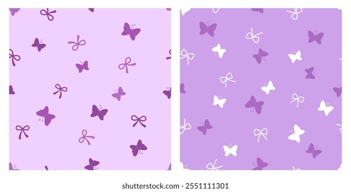 Padrões perfeitos de desenhos animados de borboletas e arcos de fita no vetor de fundos roxo.