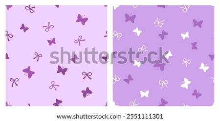 Seamless patterns of butterfly cartoons and ribbon bows on purple backgrounds vector.