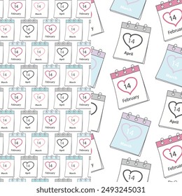 Seamless patterns of calendar pages with St Valentines Day, White and Black Day date and stroke