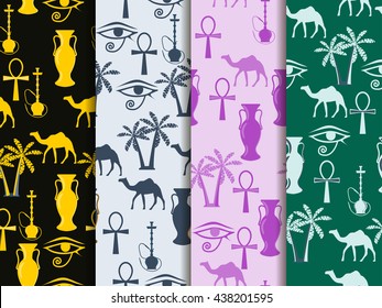 Seamless patterns with camels and palms, symbols of Egypt.
