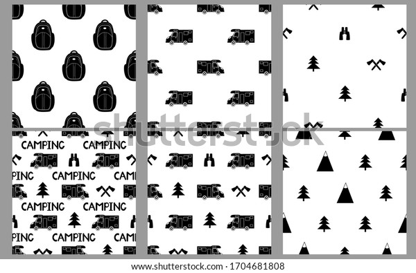 Seamless patterns. Camping.  Black\
car, ax, fir-tree, backpack, mountain. Vector\
illustration