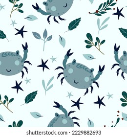 Seamless patterns with Cancer, colorful leaves and stars. Astrological Cancer zodiac. Bright astrological pattern can be used as textile, fabric, wallpaper, banner and other. Vector
