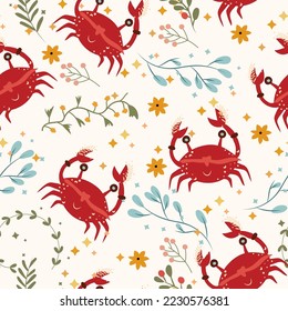 Seamless patterns with Cancer, colorful leaves and stars. Astrological Cancer zodiac. Bright astrological pattern can be used as textile, fabric, wallpaper, banner and other. Vector