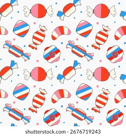 Seamless patterns with candies on a light background. Colors blue, red and white