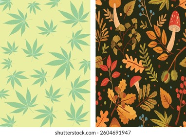 Seamless Patterns: Cannabis Leaf And Autumnal Forest Vector.