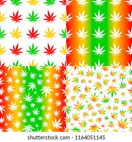 Seamless patterns with cannabis leafs. Mix colour.