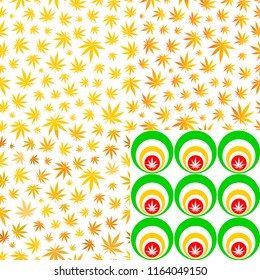 Seamless patterns with cannabis leafs. Yellow colour.