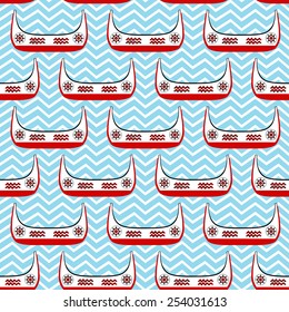 Seamless Patterns of Canoes of The Tao People (An Aboriginal People in Taiwan) on Wavy Ocean. The Canoes Are Decorated With Traditional Totem of The Tao People.