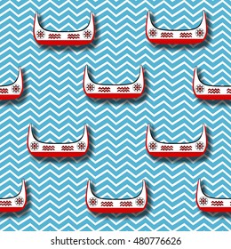 Seamless Patterns of Canoes of The Tao People (An Aboriginal People in Taiwan) on Wavy Ocean, With Drop Shadow. The Canoes Are Decorated With Traditional Totem of The Tao People.