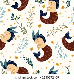 Seamless patterns with Capricorn, colorful flowers, leaves and stars. Astrological Capricorn zodiac. Bright astrological pattern can be used as textile, fabric, wallpaper, banner and other. Vector.