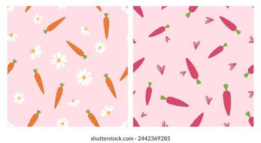 Seamless patterns with carrot, cute flower and hand drawn hearts on pink backgrounds vector.