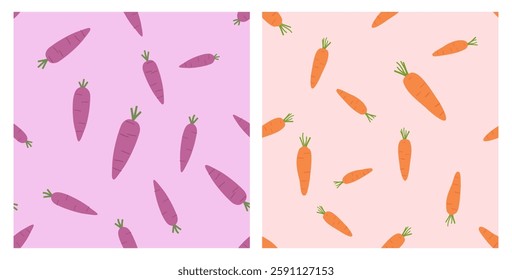 Seamless patterns with carrot on purple and orange backgrounds vector. 