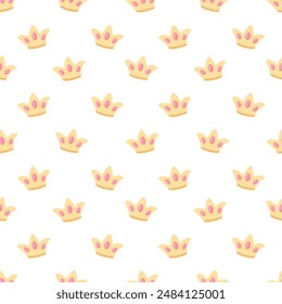 Seamless patterns  with cartoon crowns, simple pink with yellow and golden glittering items. Princess backgrounds. Vector illustration.
