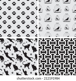 Seamless patterns with cat, bird, god foot path and bones for textile, wrapping paper, background