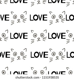 Seamless patterns with cats faces and words Love. Vector illustration