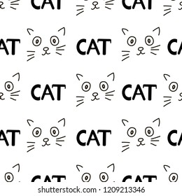 Seamless patterns with cats faces and words Cat. Vector illustration
