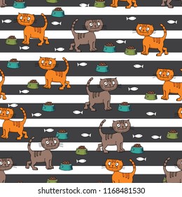 seamless patterns with cats, tracing, hand drawing, vector