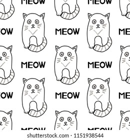 Seamless patterns with cats and words Meow. Vector illustration