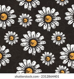 Seamless patterns with chamomile flowers on dark backgrounds for fabric, textile, wrapping paper, and wallpaper
