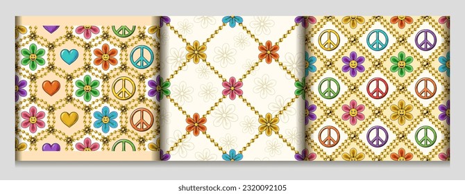 Seamless patterns with chamomile flowers, peace sign, emoji. Geometric grid with string of beads. Summer positive background in groovy, hippie style. For prints, clothing, t shirt, surface design