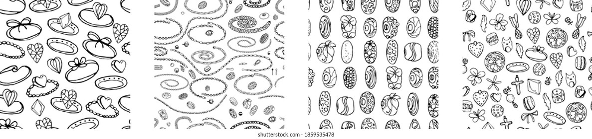 Seamless patterns with charms and beads for bracelet. Endless textures. Black and white.