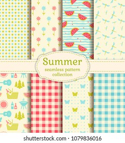 Seamless patterns with checkered blanket, watermelons, butterflies, flowers, dragonflies and picnic symbols. Outdoor recreation, summer vacation and barbecue themes. Vector background collection.