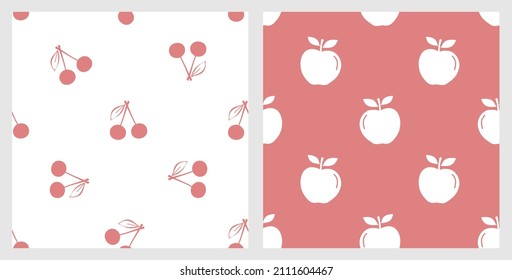 Seamless patterns with cherries and apples on white and red backgrounds vector illustration. Cute fruit print.