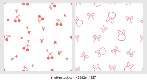 Seamless patterns with cherries, hearts cute flower, ribon bows and rabbit cartoons on white backgrounds vector. Cute childish print.