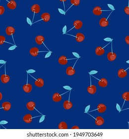 
Seamless patterns with cherries on a blue background. 