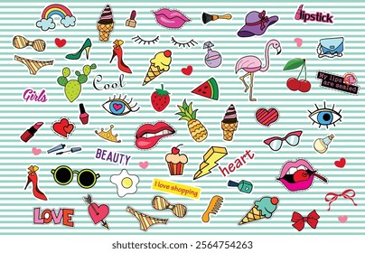 Seamless Patterns  with cherry bow, fashion  in cartoon 80s-90s comic style. Trendy Vector   Vector