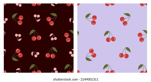 Seamless patterns with cherry fruit and green leaves on purple and dark backgrounds vector illustration.