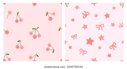 Seamless patterns of cherry fruit with green leaves, ribbon bows and hand drawn stars on pink backgrounds vector.