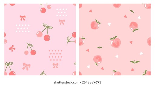 Seamless patterns with cherry fruit, ribbon bows, dot, peach apricot and small triangles on pink backgrounds vector. Cute fruit prints.