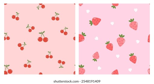 Seamless patterns of cherry fruit, strawberries and hand drawn hearts on pink backgrounds vector.