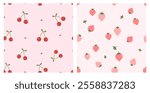 Seamless patterns with cherry fruit and strawberry on pink backgrounds vector. Cute fruit print.