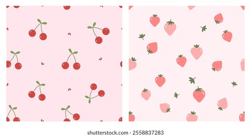 Seamless patterns with cherry fruit and strawberry on pink backgrounds vector. Cute fruit print.