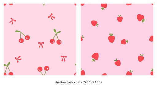 Seamless patterns of cherry with green leaves, strawberries  and ribbon bows on pink backgrounds vector. Cute fruit prints. 