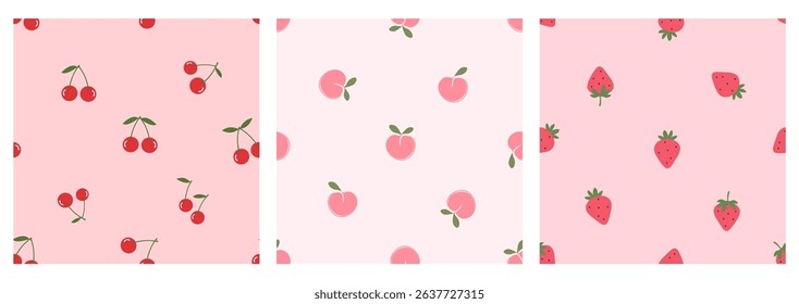 Seamless patterns of cherry, peach and strawberry on pink backgrounds vector. Cute fruit prints.