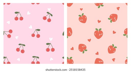 Seamless patterns of cherry, strawberry and heart on pink backgrounds vector. Cute fruit prints.