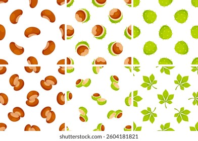 Seamless patterns with chestnuts showing the peel, the fruit, the leaves and the inside