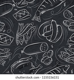 Seamless Patterns with chick, fish, salami and sausage on grunge blackboard.
Ideal for printing onto fabric and paper or scrap booking.