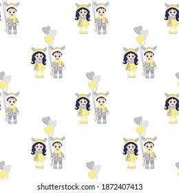 Seamless patterns. Children - a boy and a girl with deer antlers on their heads and with balloons in winter clothes on a white background. Vector illustration. For Christmas and winter design