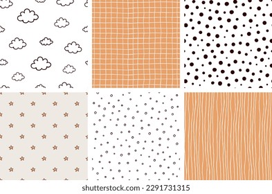 Patrones sin inconvenientes para niños con elementos dibujados a mano ilustraciones vectoriales establecidas. Diseño sencillo de papel y materiales textiles.
