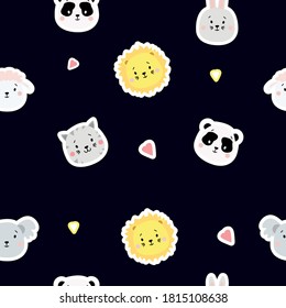 Seamless patterns. Childrens collection. Cute animal stickers - hare and sheep, gray cat and koala, lion and panda on a blue background with hearts. For design, textiles, packaging, wallpaper. Vector
