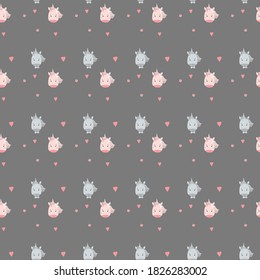 Seamless patterns. Childrens collection in the Scandinavian style. Cute unicorns - boy and girl with hearts on gray background. Vector illustration. For kids design, textiles, packaging and wallpaper