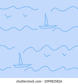 Seamless patterns. Children's drawing is a boat on the waves. Gulls over the sea.