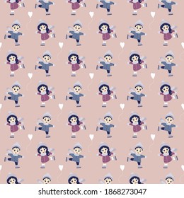 Seamless patterns. Childrens winter. Boy and girl ice skating on a light pink background. Winter sports. Vector illustration. For design, textiles, packaging, wallpaper and printing