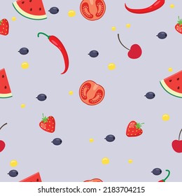 Los estampados sin foco de ají, sandías, tomates rojos dispuestos al azar son tan tentadores de comer. Ilustración vectorial.