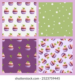 Seamless patterns with chocolate cupcake with pink cream. Vector illustration set.
