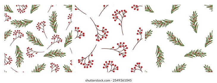 Seamless patterns with Christmas greenery and berries